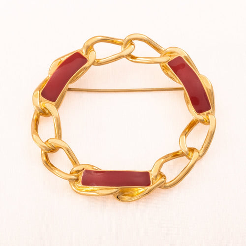MONET Vintage Brosche Kreisform vergoldet mit roter Emaille