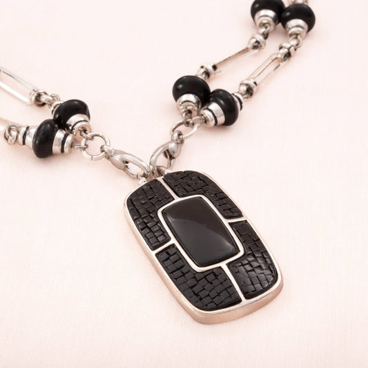 MONET necklace silver-colored with black beads and pendant vintage 1990s