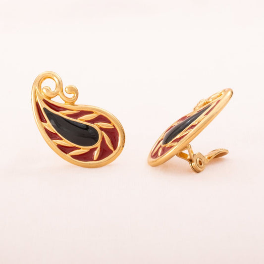 Monet-Ohrclips-Paisley-Design-vergoldet-rote-dunkelblaue-Emaille