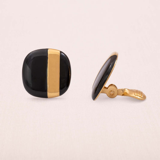 Monet-Ohrclips-eckig-schwarze-Emaille-vergoldeter-Streifen