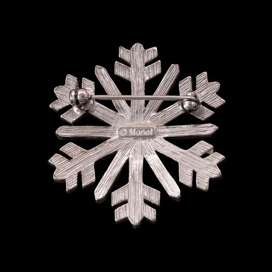 Monet-silberfarbene-Schneeflocken-Brosche-Rückseite-Signatur