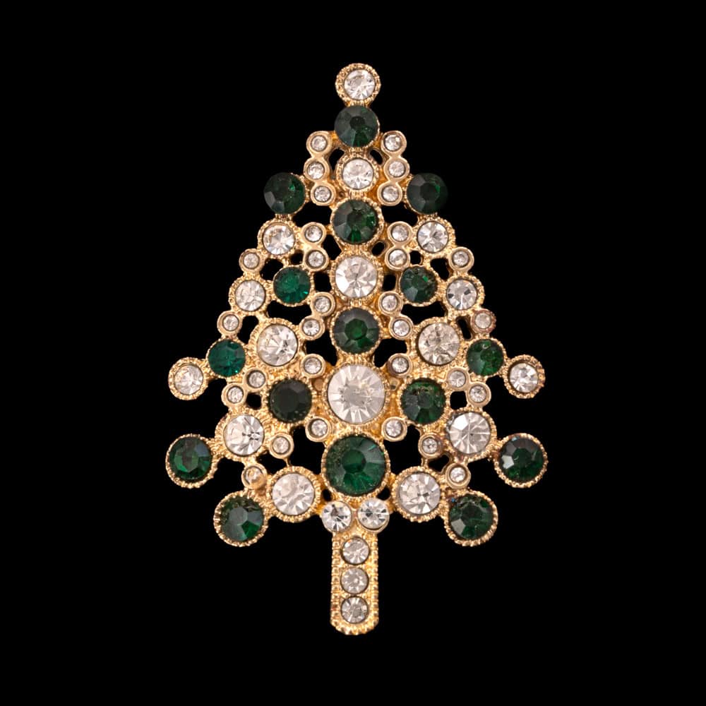 Monet-Weihnachtsbaum-Brosche- goldfarben-grüne-weiße-Kristalle