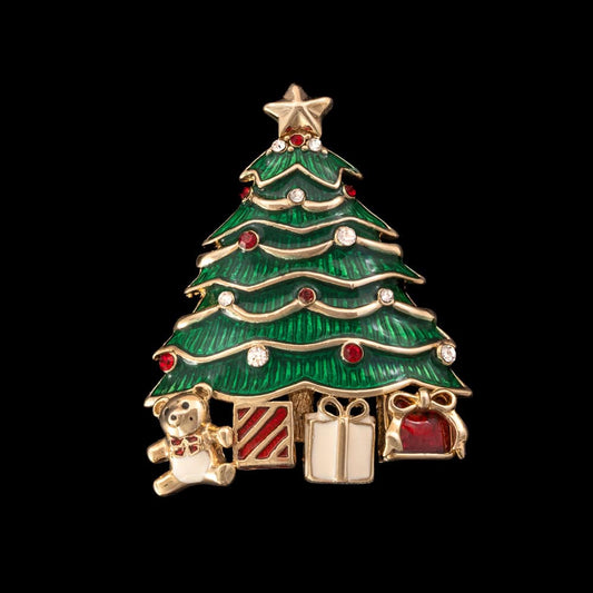 Monet-Weihnachtsbaum-Brosche-vergoldet-Emaille-Strasssteine-grün-rot-weiß