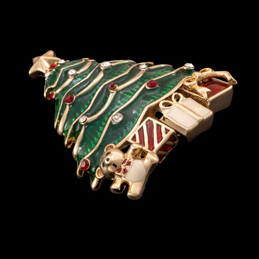 Monet-Weihnachtsbaum-Brosche-vergoldet-Emaille-Strasssteine-grün-rot-weiß