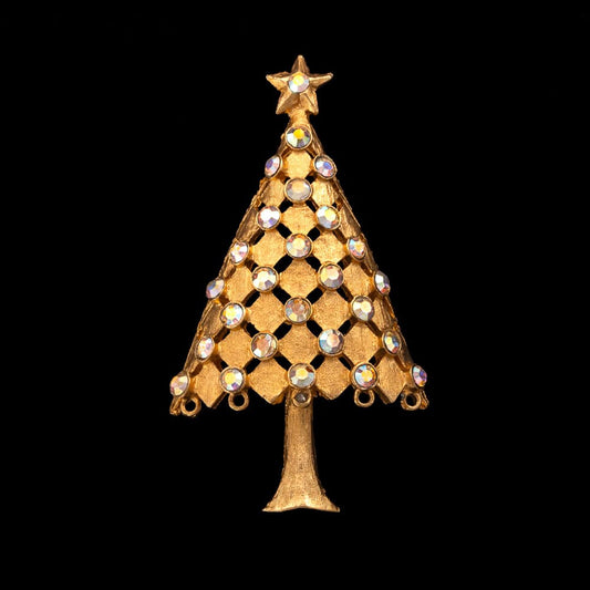 MYLU-Weihnachtsbaum-Brosche-vergoldet-Aurora-Borealis-Strass-geschmückt