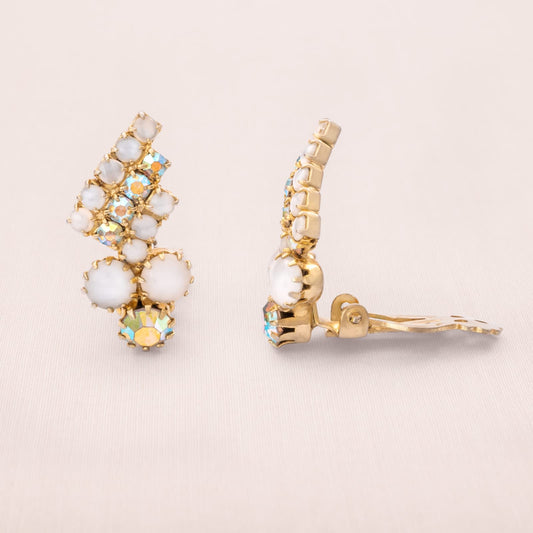 Vintage-Ohrclips-Milchglas-Aurora-Borealis-Strass-vergoldete-Fassung