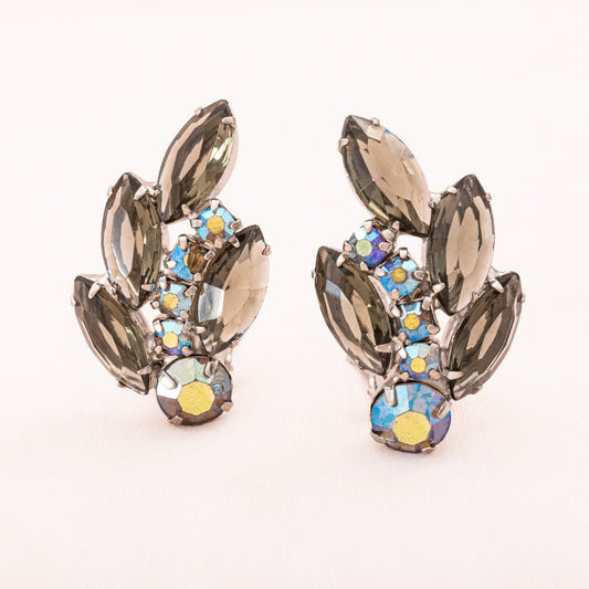 Vintage-Strass-Ohrclips-Navette-grau-Aurora-Borealis