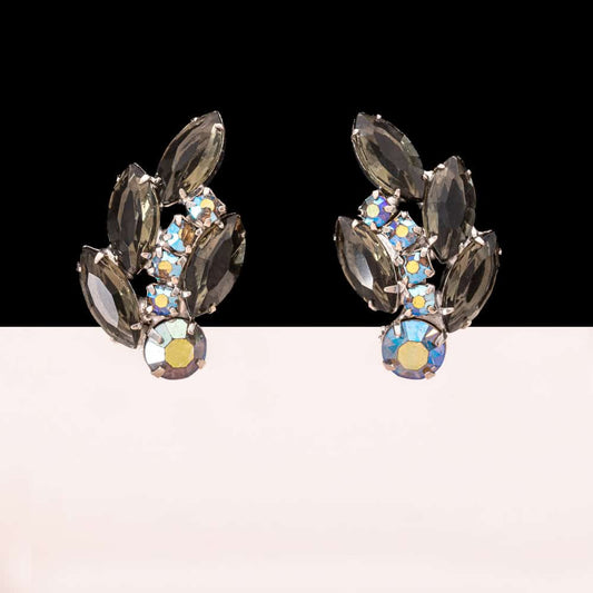 Vintage-Strass-Ohrclips-Navette-grau-Aurora-Borealis