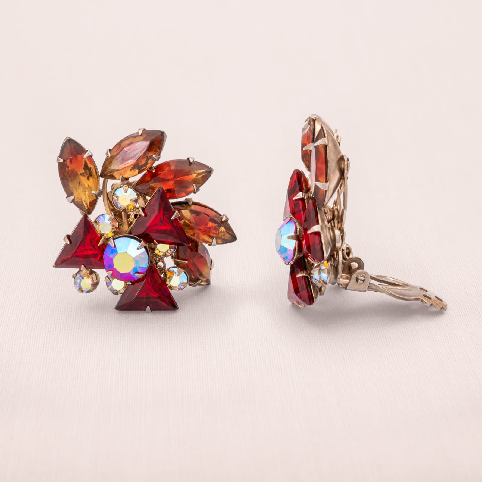 Vintage-Strass-Ohrclips-Rot-Aurora-Borealis-groß