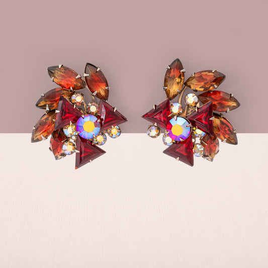 Vintage-Strass-Ohrclips-Rot-Aurora-Borealis-groß