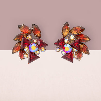 Vintage-Strass-Ohrclips-Rot-Aurora-Borealis-groß
