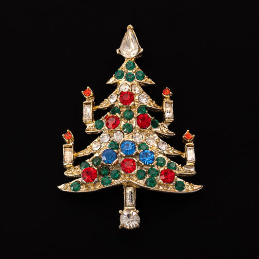 Pell-Weihnachtsbaum-Brosche-vier-Kerzen-Strass-verziert-bunt