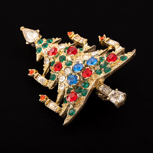 Pell-Weihnachtsbaum-Brosche-vier-Kerzen-Strass-verziert-bunt