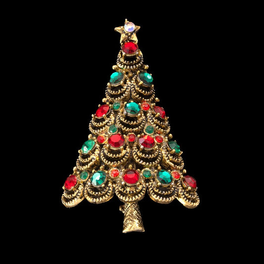 Pakula-Weihnachtsbaum-Brosche-Messing-Strass-Rot-Grün