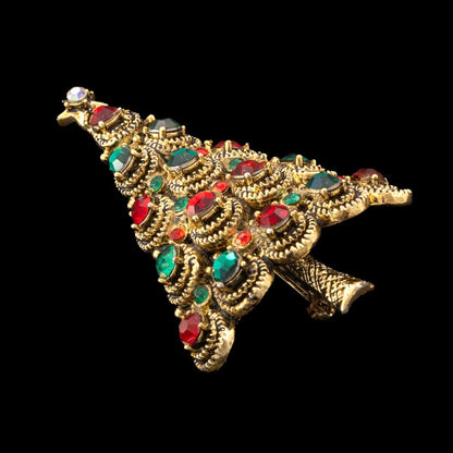 Pakula-Weihnachtsbaum-Brosche-Messing-Strass-Rot-Grün