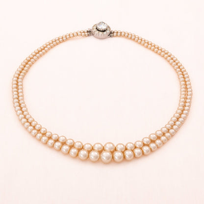 Sarah-Coventry-Perlenkette-doppelreihig-unsigniert-Strassverschluss