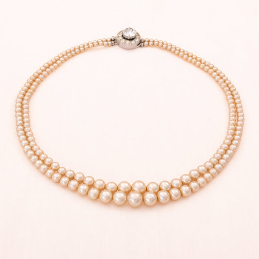 Sarah-Coventry-Perlenkette-doppelreihig-unsigniert-Strassverschluss