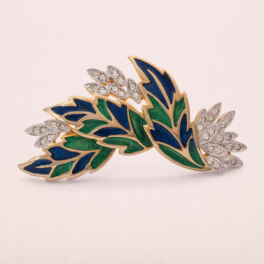 Polcini-Brosche-grüne-blaue-Emaille-Kristalle-Blätter-Design