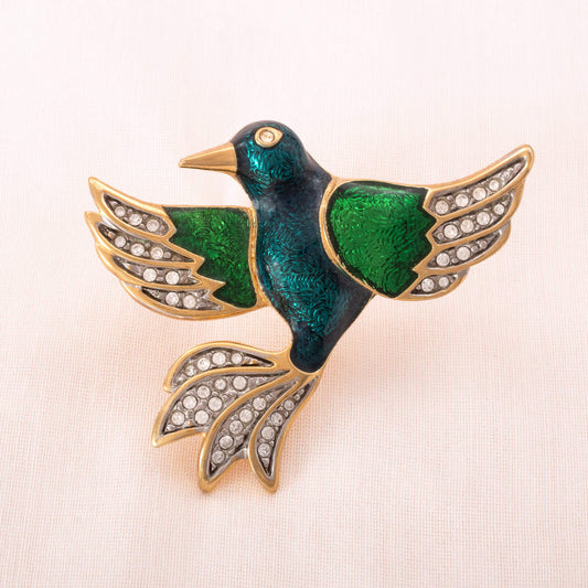 Swarovski-Vogel-Brosche-grün-emailliert-Kristall-Flügel