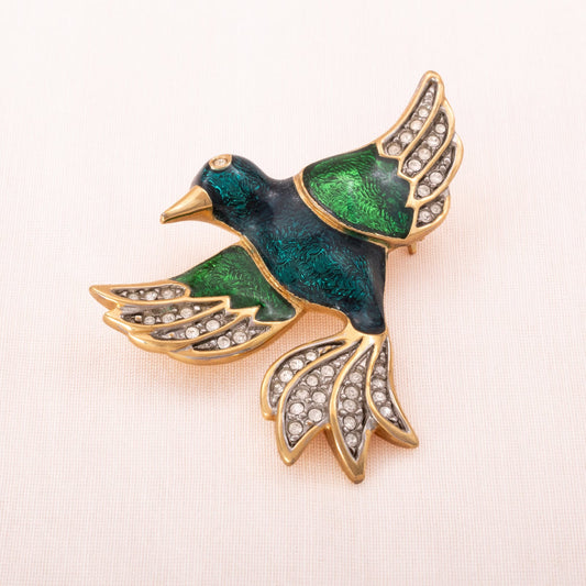 Swarovski-Vogel-Brosche-grün-emailliert-Kristall-Flügel