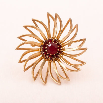 Sarah-Coventry-Brosche-Blume-vergoldet-roter-Strass