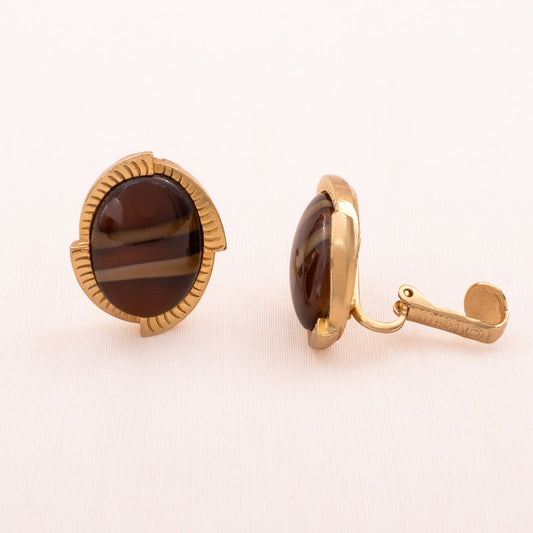 Sarah-Coventry-Ohrclips-oval-vergoldet-brauner-Stein