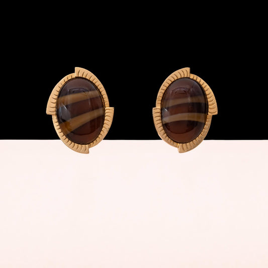 Sarah-Coventry-Ohrclips-oval-vergoldet-brauner-Stein