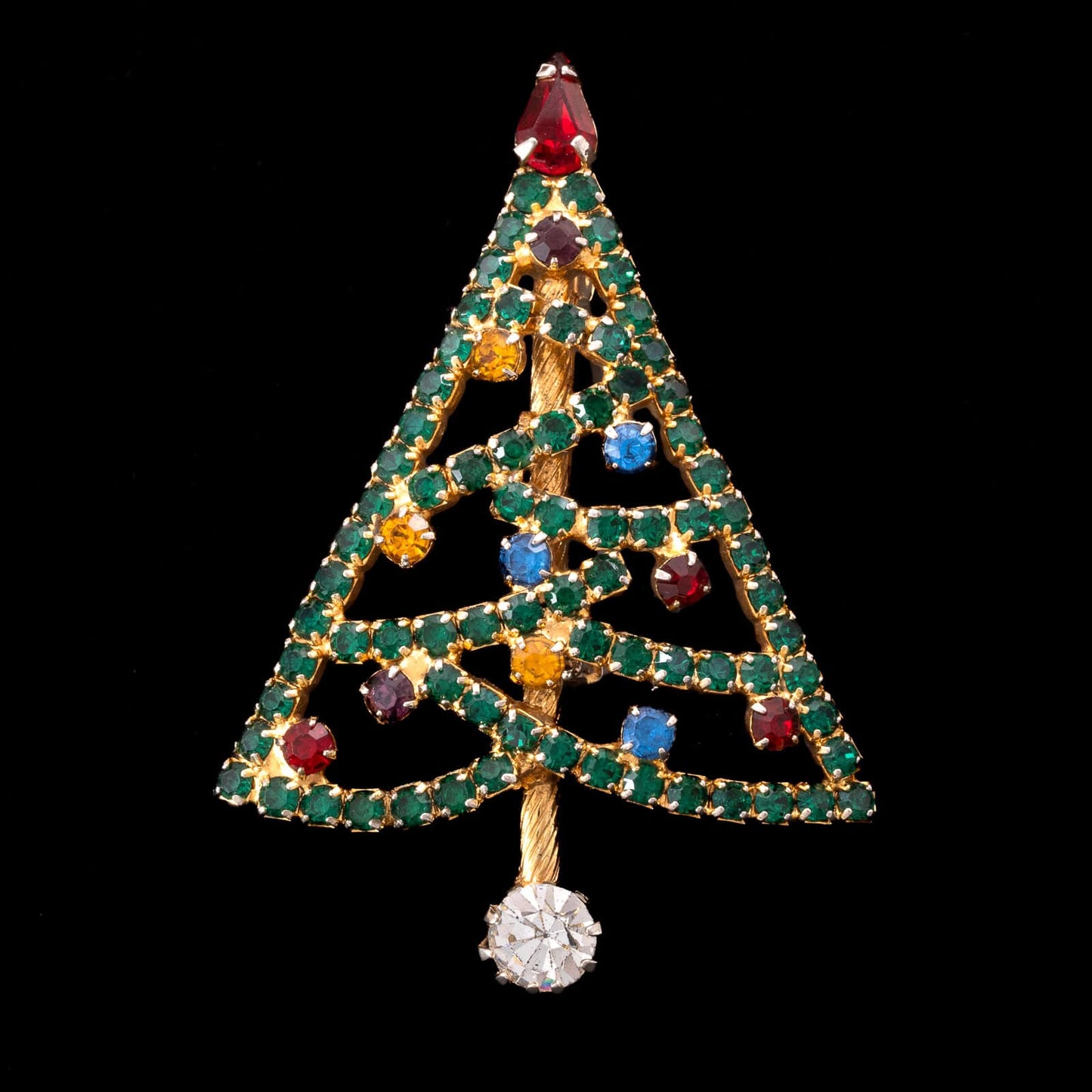 Weihnachtsbaum-Brosche-grüner-Strass-bunt-eschmckt