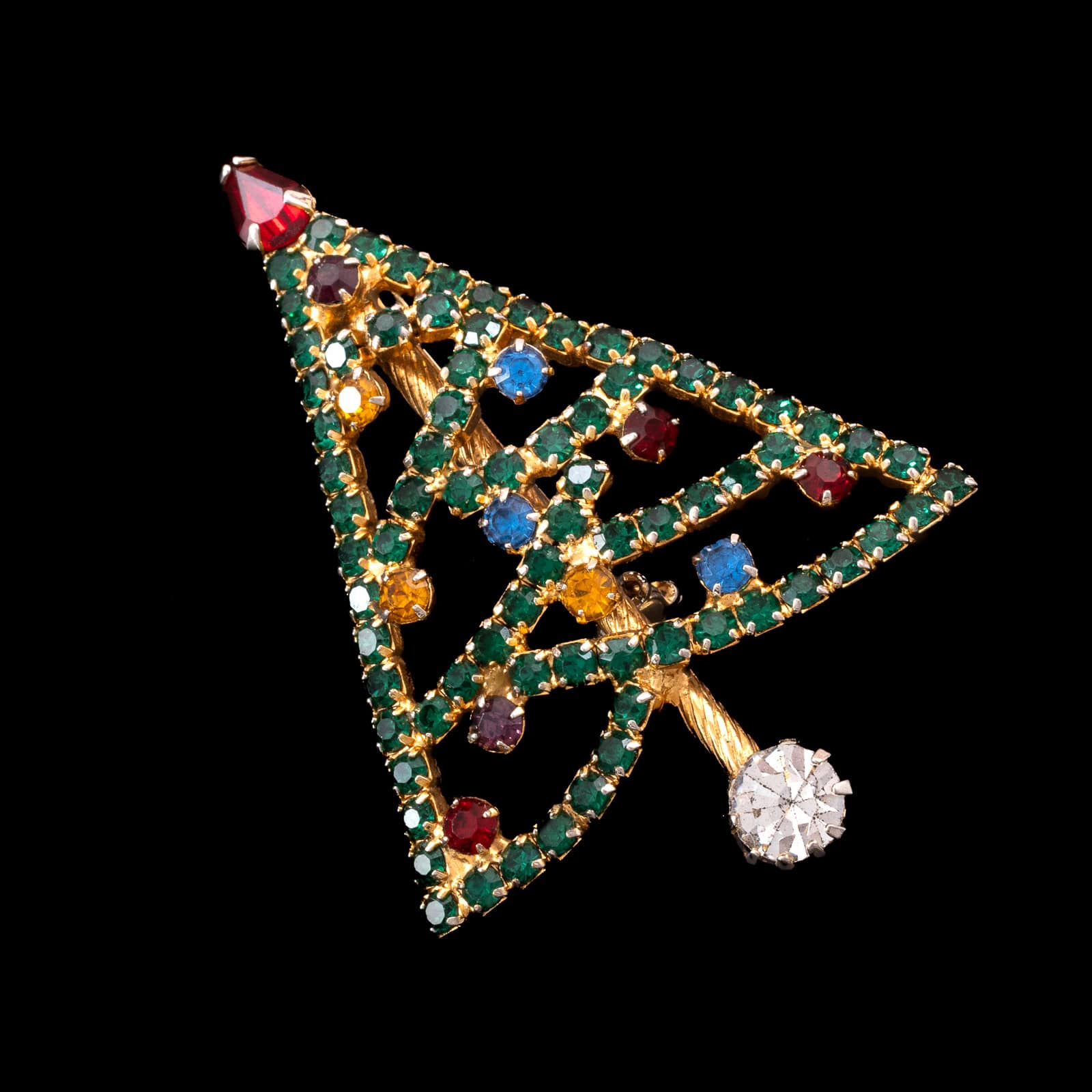 Weihnachtsbaum-Brosche-grüner-Strass-bunt-eschmckt