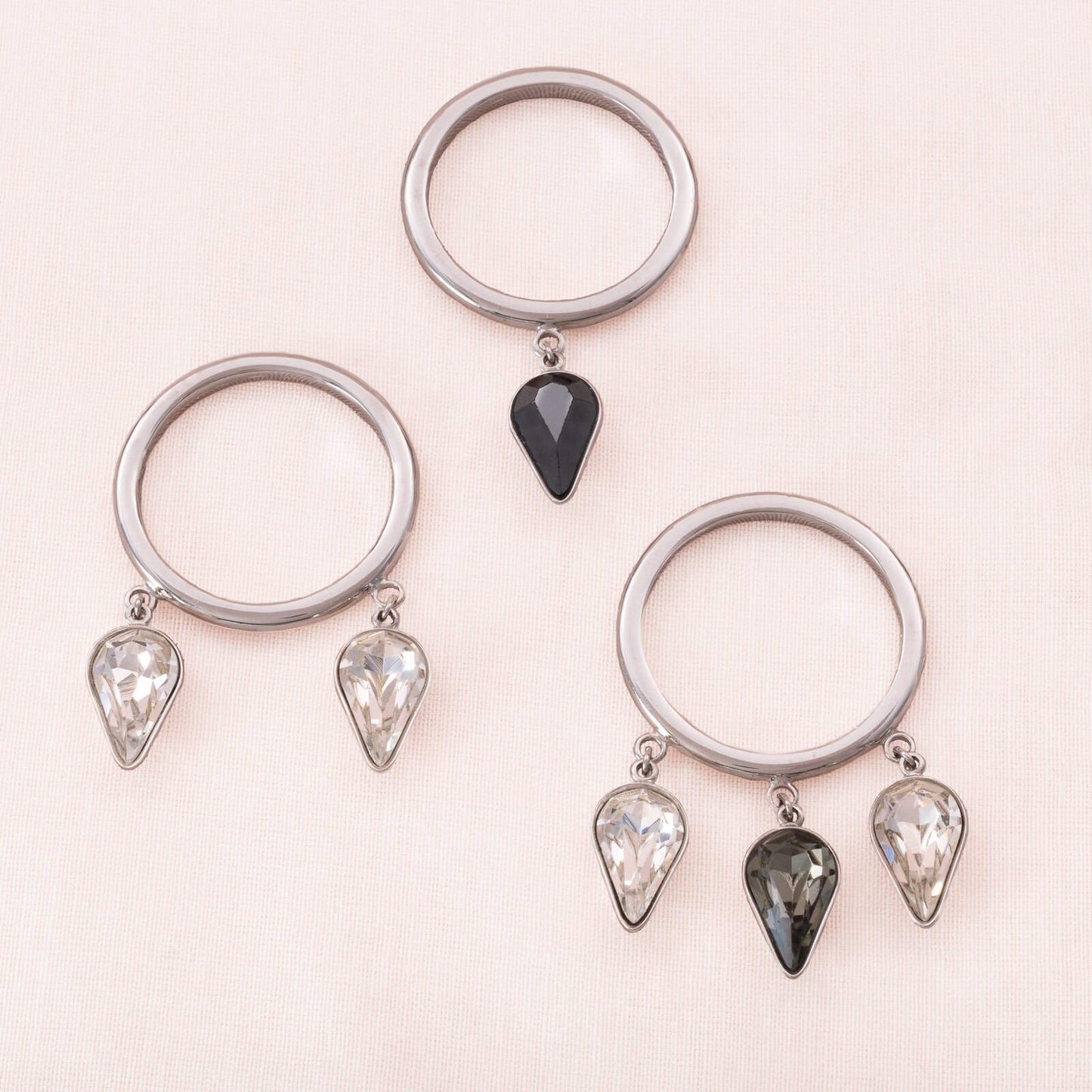 Swarovski-3-teiliger-Ring-rhodiniert-Kristall-Hänger-Grau-silberfarben