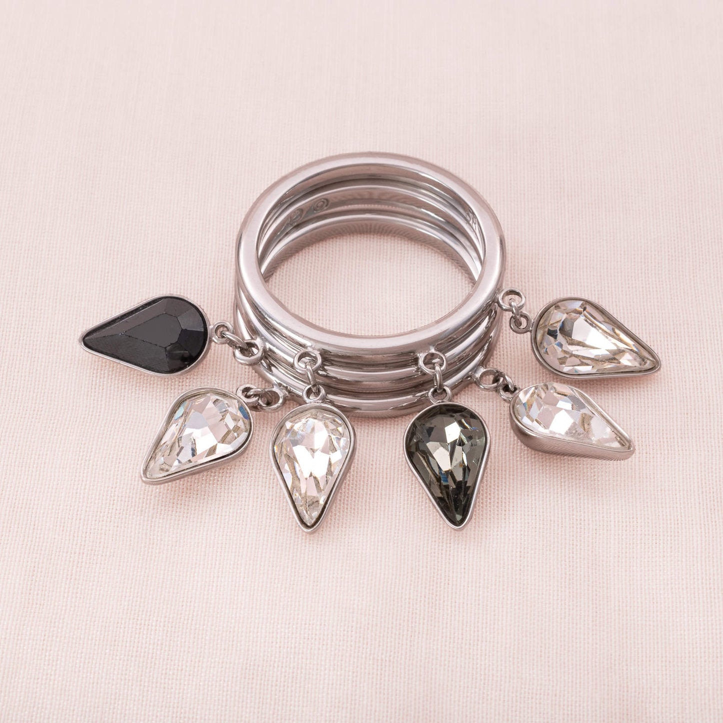 Swarovski-3-teiliger-Ring-rhodiniert-Kristall-Hänger-Grau-silberfarben