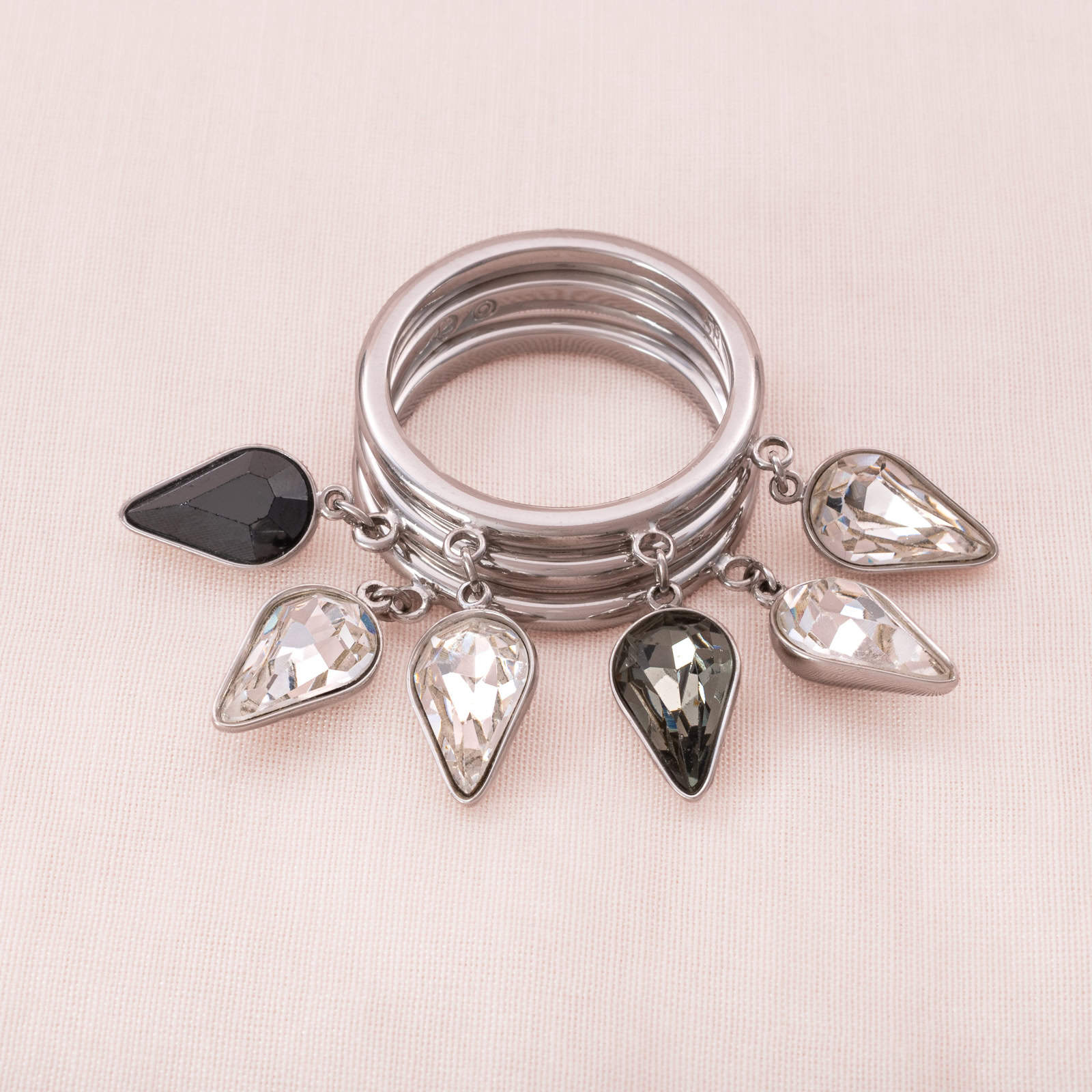 Swarovski-3-teiliger-Ring-rhodiniert-Kristall-Hänger-Grau-silberfarben