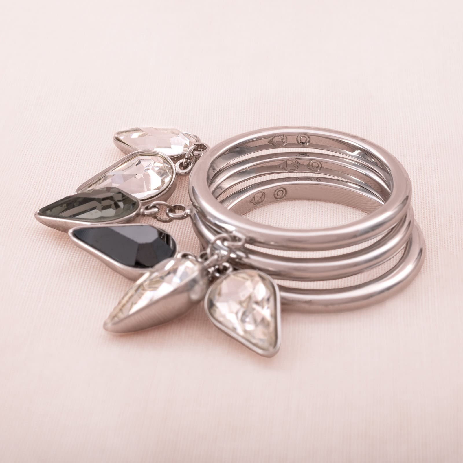 Swarovski-3-teiliger-Ring-rhodiniert-Kristall-Hänger-Grau-silberfarben
