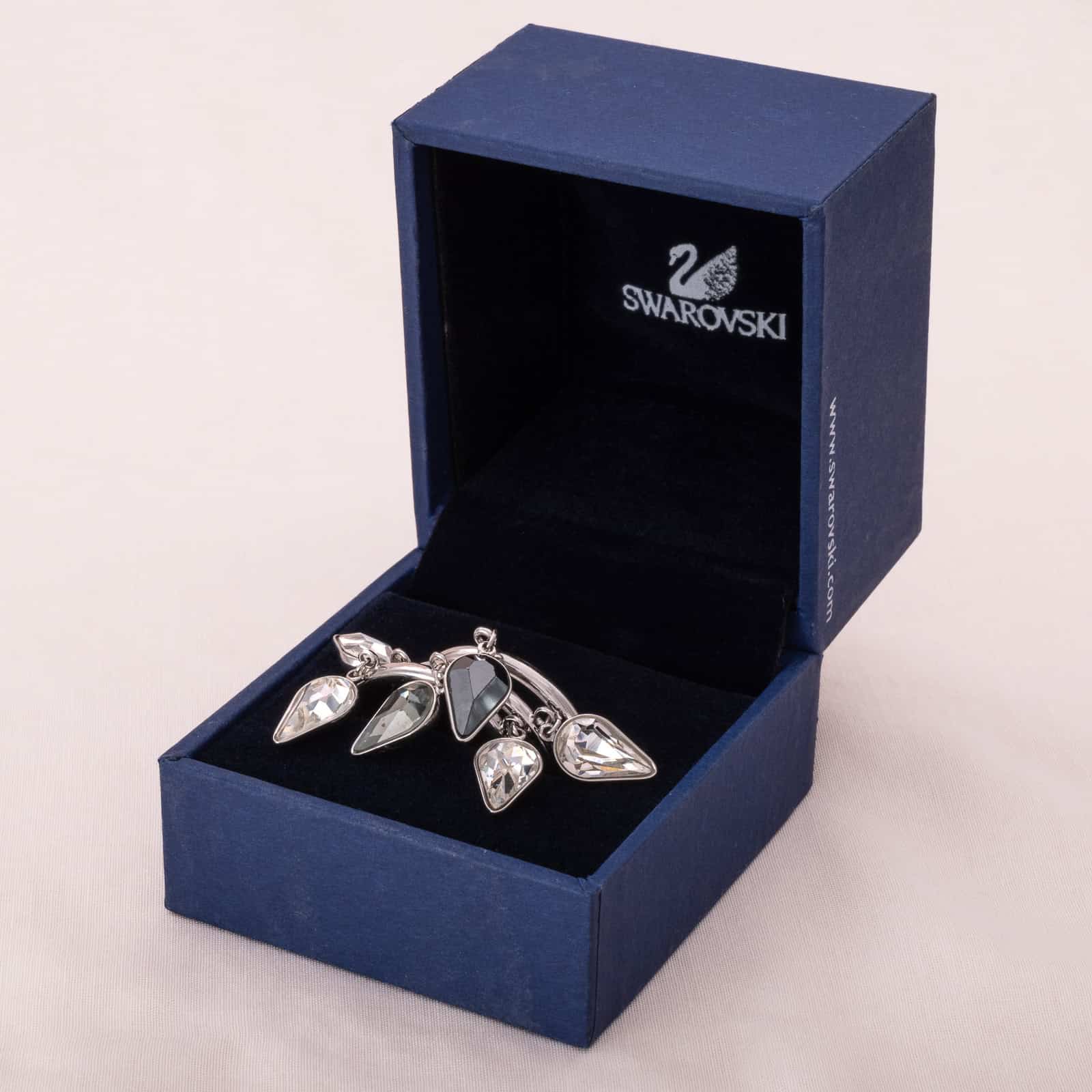 Swarovski-3-teiliger-Ring-rhodiniert-Kristall-Hänger-blaue-Box-Schwanlogo