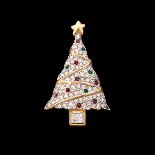 Swarovski-Brosche-Weihnachtsbaum-vergoldet-Kristall-besetzt