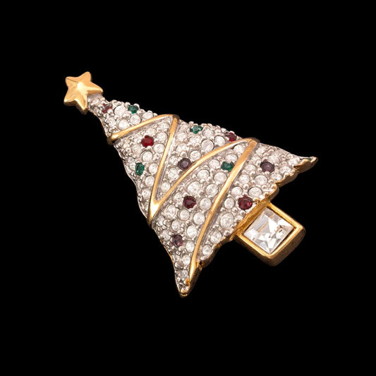 Swarovski-Brosche-Weihnachtsbaum-vergoldet-Kristall-besetzt