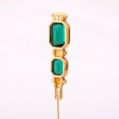 Swarovski-Nadelbrosche-vergoldet-eckige-grüne-Kristalle-Schwan-signierte-Rückseite