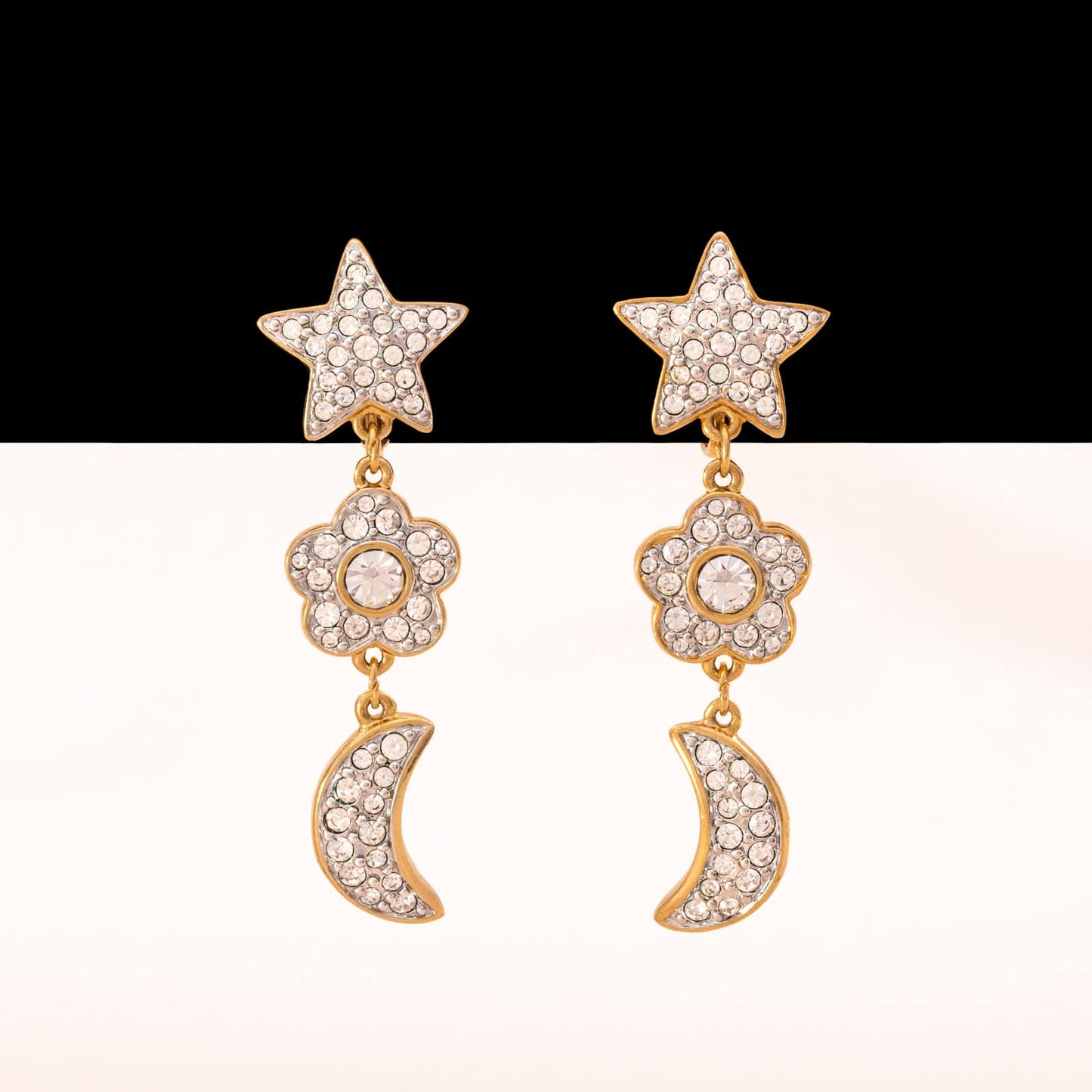 Swarovski-Ohrclips-vergoldete-Hänger-Stern-Blume-Mond-Kristall-besetzt