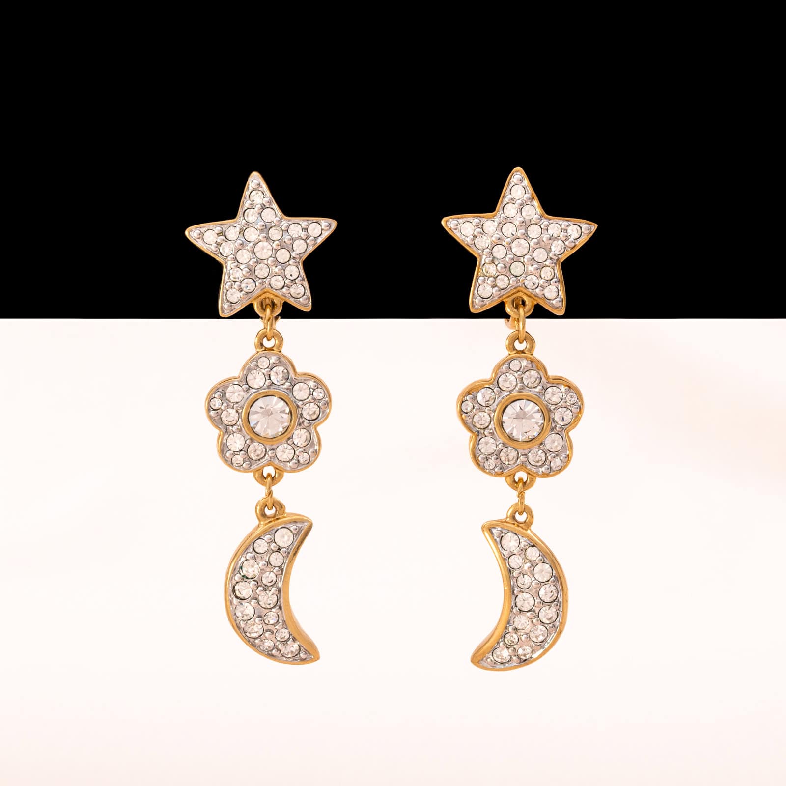 Swarovski-Ohrclips-vergoldete-Hänger-Stern-Blume-Mond-Kristall-besetzt