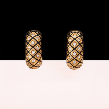 Swarovski-ohrclips-Halbkreolen-vergoldet-Karomuster-schwarze-Emaille-Kristalle