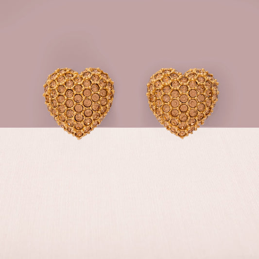 Swarovski-Ohrclips-Herz-Design-vergoldet-Kristalle-beige