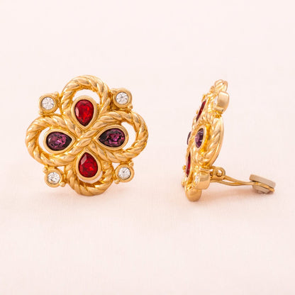 Swarovski-Ohrcips-vergoldet-rote-lila-tropfenförmige-Kristalle