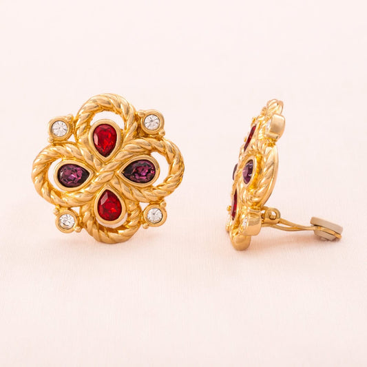 Swarovski-Ohrcips-vergoldet-rote-lila-tropfenförmige-Kristalle