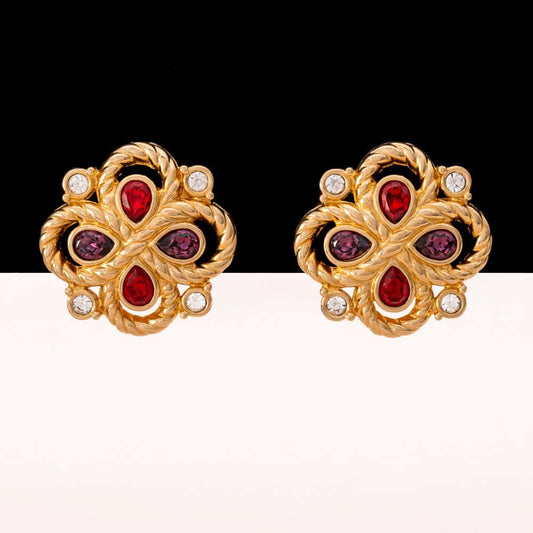 Swarovski-Ohrcips-vergoldet-rote-lila-tropfenförmige-Kristalle