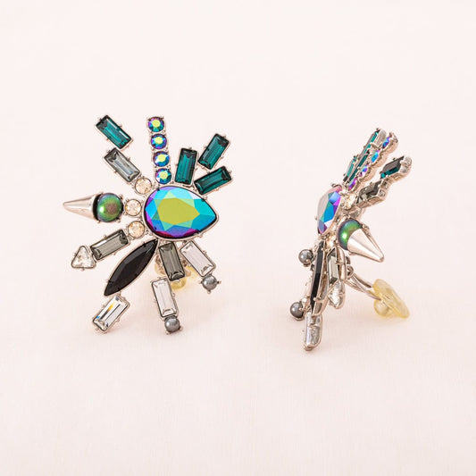 Swarovski-Ohrclips-Satelit-Design-Kristall-besetzt-grün-sehr- ausgefallen