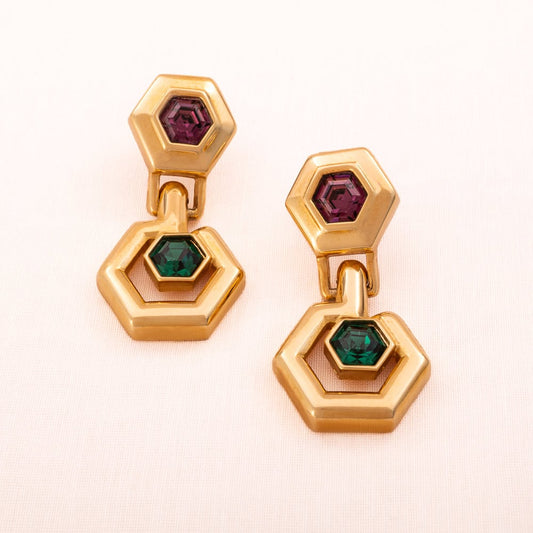 Swarovski-Ohrringe-Hänger-vergoldet-echseckig-grüne-violette-Kristalle
