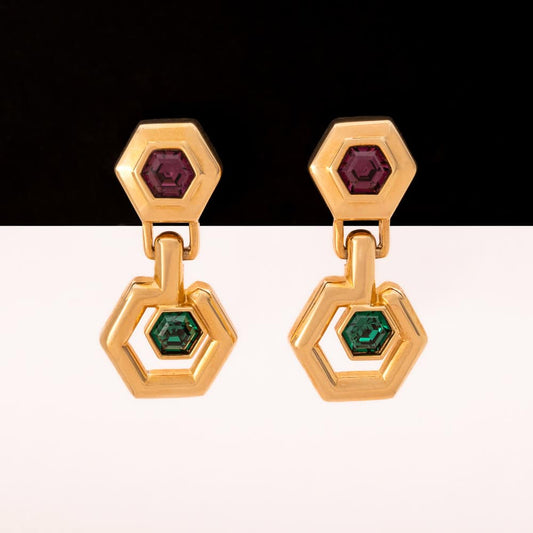 Swarovski-Ohrringe-Hänger-vergoldet-echseckig-grüne-violette-Kristalle