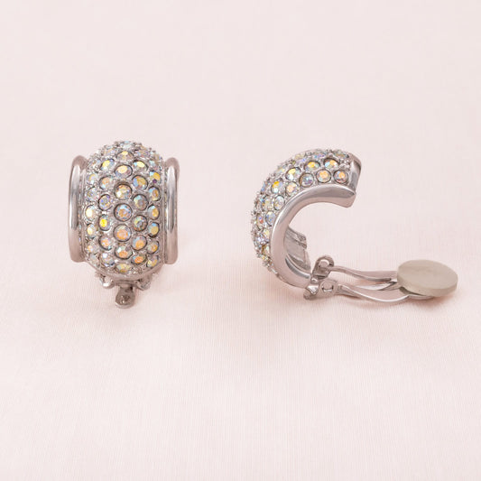 Swarovski-Ohrclips-breite-Kreolen-silberfarben-Aurora-Borealis-Kristalle