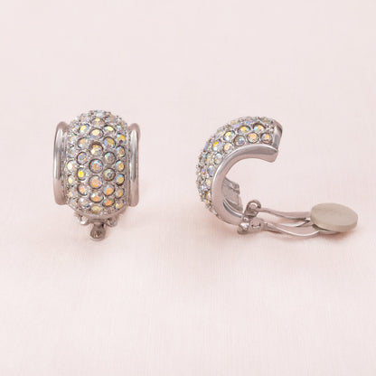 Swarovski-Ohrclips-breite-Kreolen-silberfarben-Aurora-Borealis-Kristalle