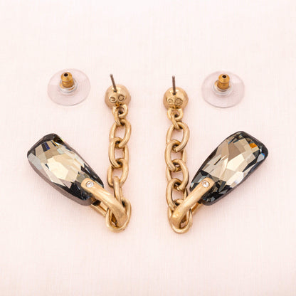 Swarovski-lange-Ohrringe-graue-Kristalle-vergoldete-Rückseiten-Schwan-Signatur